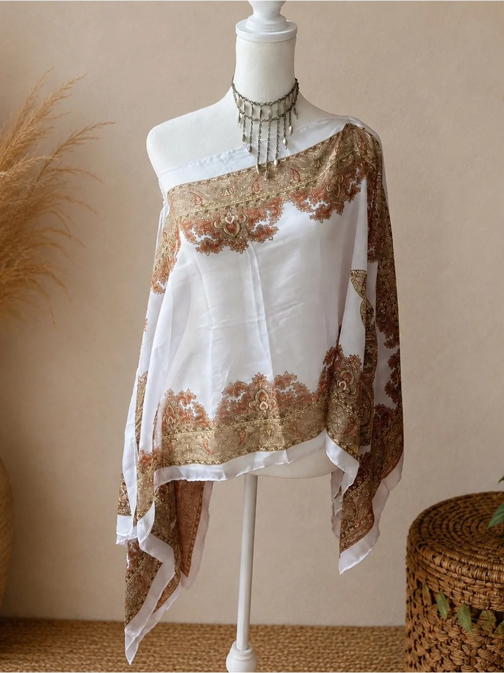 Off Shoulder Boho Poncho w/ Pearls White & Gold Festival Flowy Fairy One Size